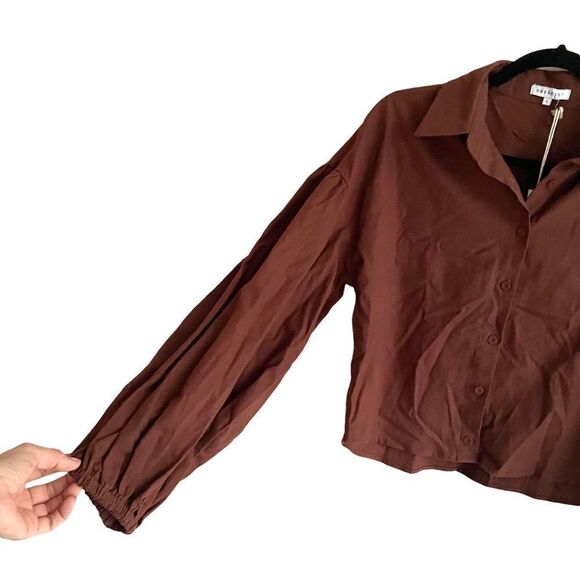Crescent Linen Cropped Button Front Blouse Brown S - Picture 2 of 5